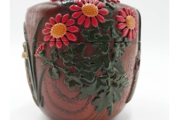 五代　金城一国斎(自勝)作　八十一歳　四君子画の高盛絵木地棗　共箱付き　(R-087092)