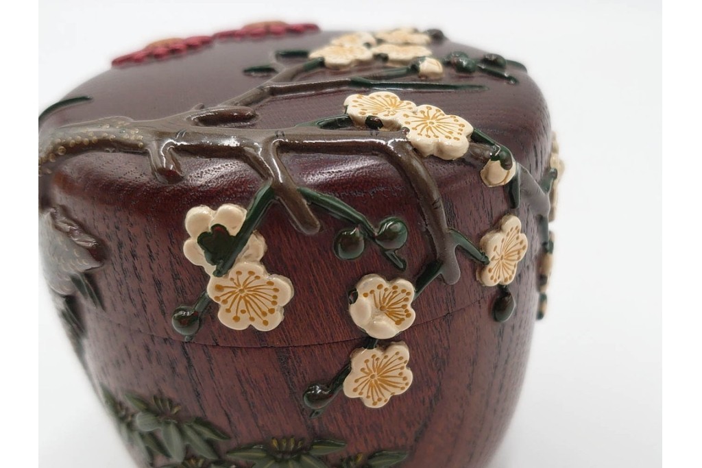 五代　金城一国斎(自勝)作　八十一歳　四君子画の高盛絵木地棗　共箱付き　(R-087092)