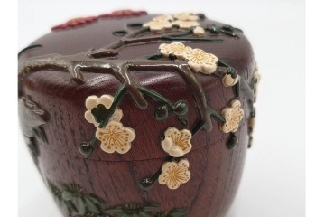 五代　金城一国斎(自勝)作　八十一歳　四君子画の高盛絵木地棗　共箱付き　(R-087092)