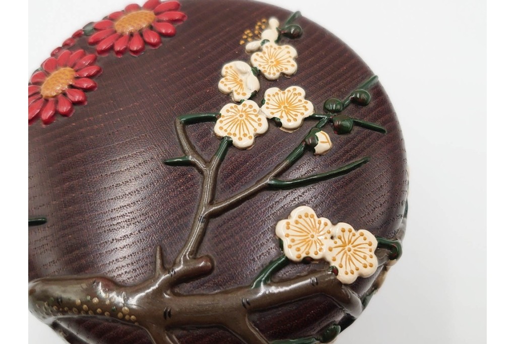 五代　金城一国斎(自勝)作　八十一歳　四君子画の高盛絵木地棗　共箱付き　(R-087092)