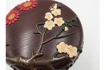 五代　金城一国斎(自勝)作　八十一歳　四君子画の高盛絵木地棗　共箱付き　(R-087092)