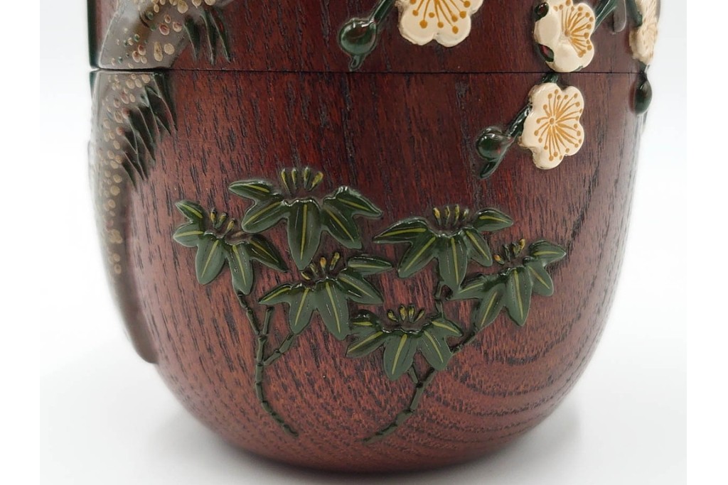 五代　金城一国斎(自勝)作　八十一歳　四君子画の高盛絵木地棗　共箱付き　(R-087092)