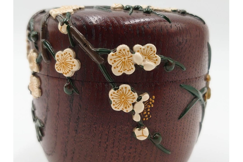 五代　金城一国斎(自勝)作　八十一歳　四君子画の高盛絵木地棗　共箱付き　(R-087092)