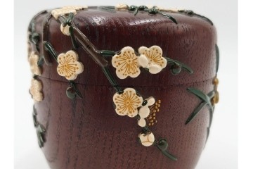 五代　金城一国斎(自勝)作　八十一歳　四君子画の高盛絵木地棗　共箱付き　(R-087092)