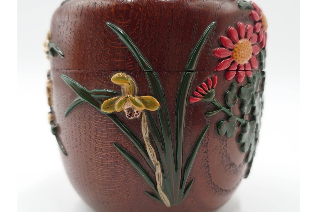 五代　金城一国斎(自勝)作　八十一歳　四君子画の高盛絵木地棗　共箱付き　(R-087092)