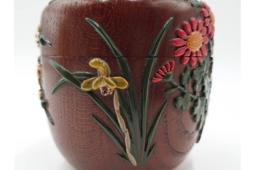 五代　金城一国斎(自勝)作　八十一歳　四君子画の高盛絵木地棗　共箱付き　(R-087092)