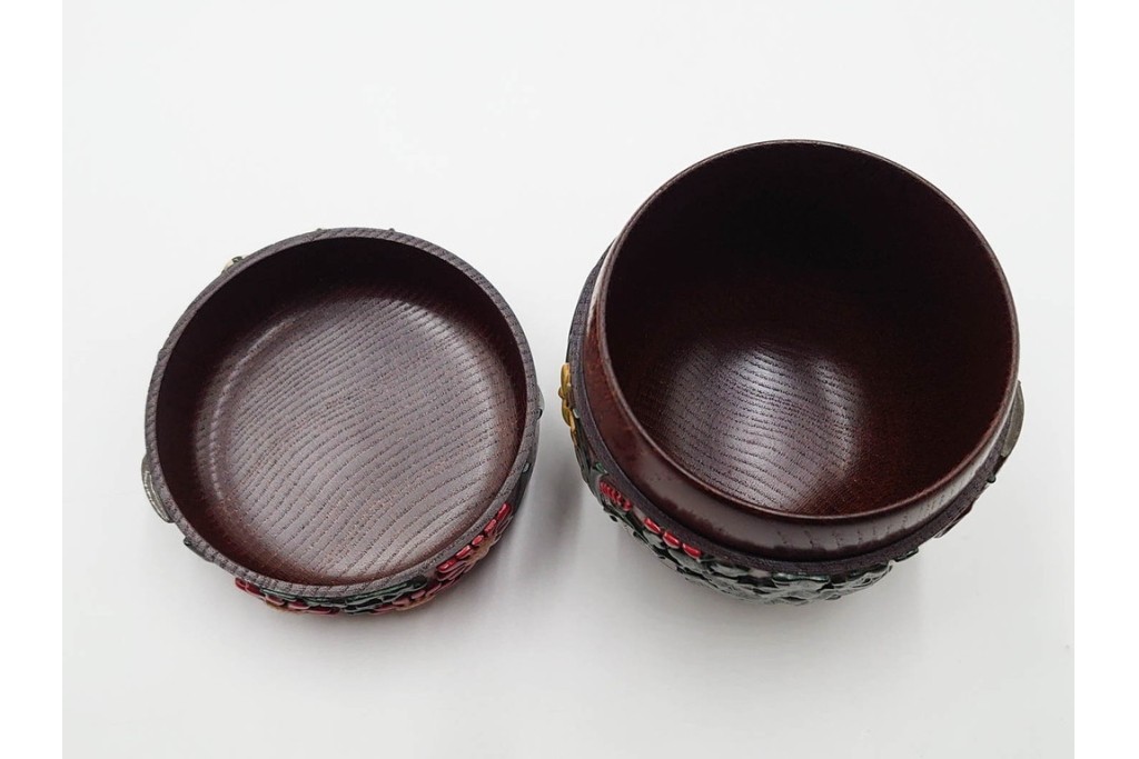 五代　金城一国斎(自勝)作　八十一歳　四君子画の高盛絵木地棗　共箱付き　(R-087092)