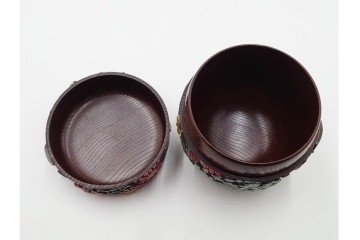 五代　金城一国斎(自勝)作　八十一歳　四君子画の高盛絵木地棗　共箱付き　(R-087092)