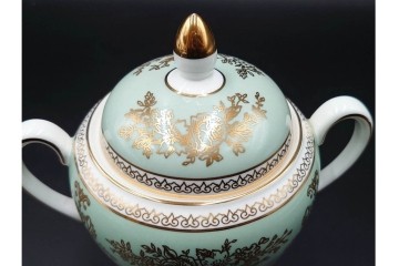 イギリス　WEDGWOOD(ウェッジウッド)　コロンビア　エナメル　セージグリーン　シュガーポット・クリーマー・カップ&ソーサー2客・プレート5点の洋食器11点セット　(R-087096)