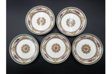 イギリス　WEDGWOOD(ウェッジウッド)　コロンビア　エナメル　セージグリーン　シュガーポット・クリーマー・カップ&ソーサー2客・プレート5点の洋食器11点セット　(R-087096)