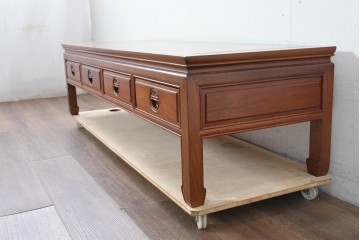 和製ヴィンテージ　花梨(カリン)材　丸形の引き手がアクセントになった引き出し付きテレビボード　(R-087106)