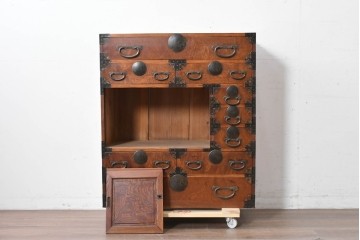 和製アンティーク　前面欅(ケヤキ)材　美しい杢目の帳場箪笥　(R-087136)