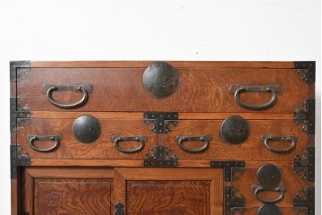 和製アンティーク　前面欅(ケヤキ)材　美しい杢目の帳場箪笥　(R-087136)