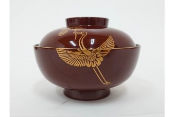 戦前　当時物　木製・輪島塗　蒔絵で描かれた鶴松図が優美なお椀5点セット　共箱付き　(R-087187)