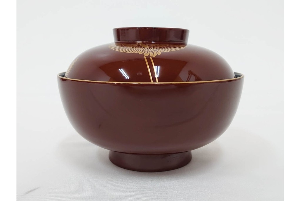 戦前　当時物　木製・輪島塗　蒔絵で描かれた鶴松図が優美なお椀5点セット　共箱付き　(R-087187)