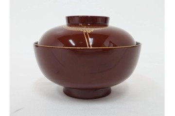 戦前　当時物　木製・輪島塗　蒔絵で描かれた鶴松図が優美なお椀5点セット　共箱付き　(R-087187)