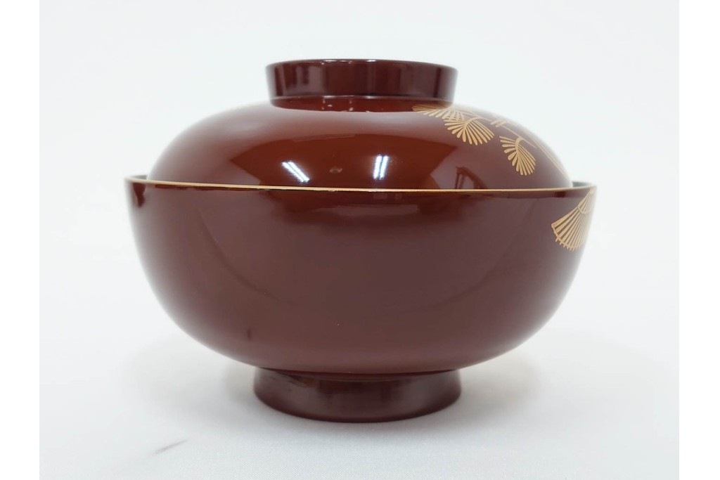 戦前　当時物　木製・輪島塗　蒔絵で描かれた鶴松図が優美なお椀5点セット　共箱付き　(R-087187)