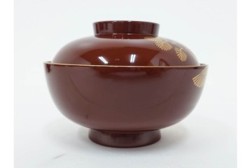 戦前　当時物　木製・輪島塗　蒔絵で描かれた鶴松図が優美なお椀5点セット　共箱付き　(R-087187)