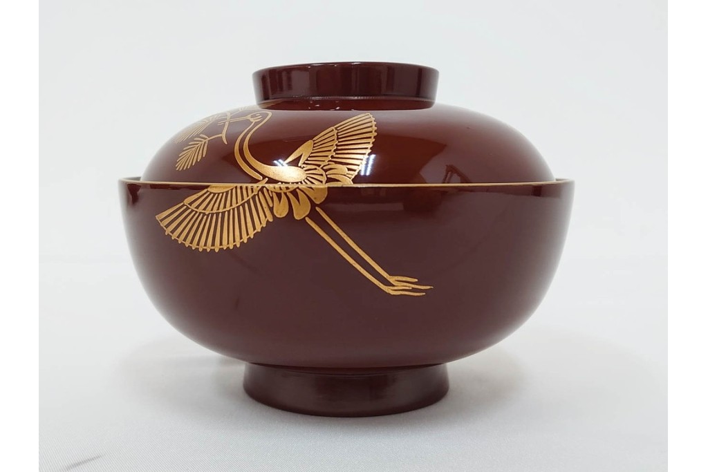 戦前　当時物　木製・輪島塗　蒔絵で描かれた鶴松図が優美なお椀5点セット　共箱付き　(R-087187)