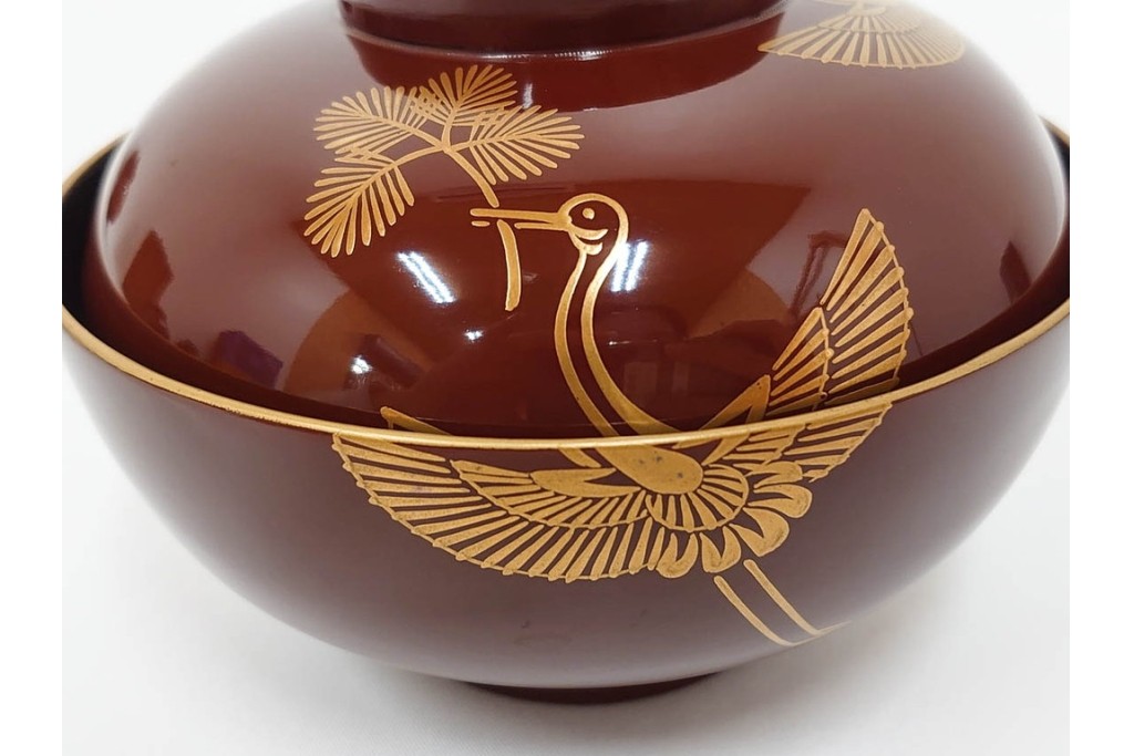 戦前　当時物　木製・輪島塗　蒔絵で描かれた鶴松図が優美なお椀5点セット　共箱付き　(R-087187)