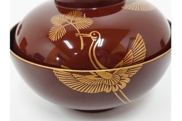 戦前　当時物　木製・輪島塗　蒔絵で描かれた鶴松図が優美なお椀5点セット　共箱付き　(R-087187)