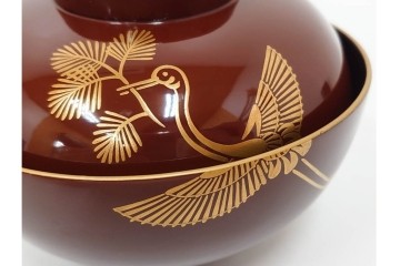 戦前　当時物　木製・輪島塗　蒔絵で描かれた鶴松図が優美なお椀5点セット　共箱付き　(R-087187)