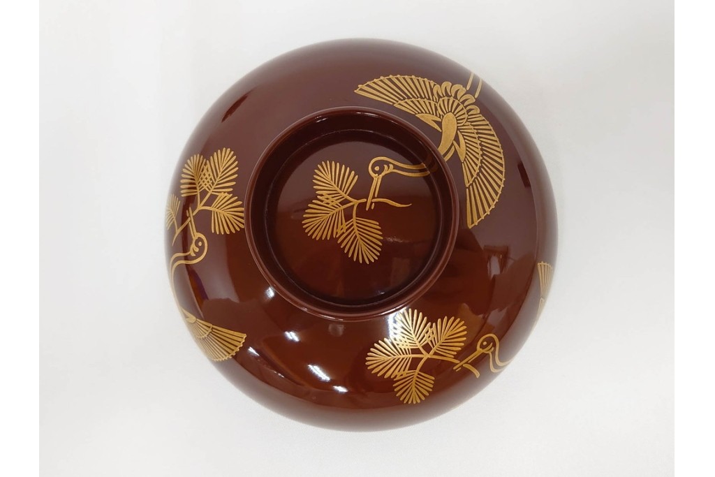 戦前　当時物　木製・輪島塗　蒔絵で描かれた鶴松図が優美なお椀5点セット　共箱付き　(R-087187)