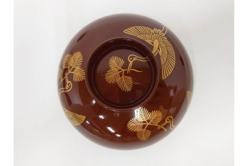 戦前　当時物　木製・輪島塗　蒔絵で描かれた鶴松図が優美なお椀5点セット　共箱付き　(R-087187)