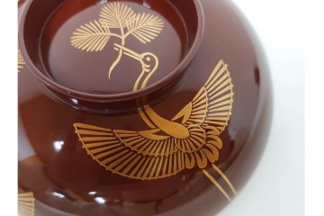 戦前　当時物　木製・輪島塗　蒔絵で描かれた鶴松図が優美なお椀5点セット　共箱付き　(R-087187)