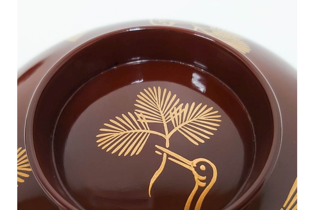 戦前　当時物　木製・輪島塗　蒔絵で描かれた鶴松図が優美なお椀5点セット　共箱付き　(R-087187)