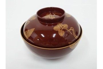 戦前　当時物　木製・輪島塗　蒔絵で描かれた鶴松図が優美なお椀5点セット　共箱付き　(R-087187)