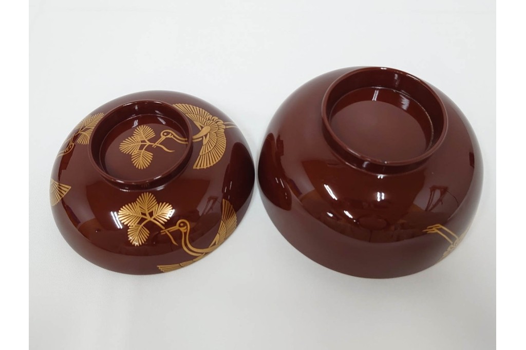 戦前　当時物　木製・輪島塗　蒔絵で描かれた鶴松図が優美なお椀5点セット　共箱付き　(R-087187)