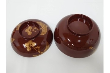 戦前　当時物　木製・輪島塗　蒔絵で描かれた鶴松図が優美なお椀5点セット　共箱付き　(R-087187)