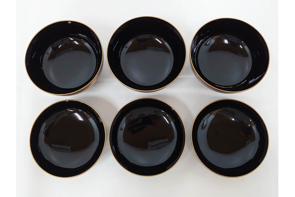 戦前　当時物　木製・輪島塗　蒔絵で描かれた鶴松図が優美なお椀5点セット　共箱付き　(R-087187)