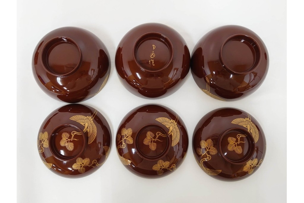 戦前　当時物　木製・輪島塗　蒔絵で描かれた鶴松図が優美なお椀5点セット　共箱付き　(R-087187)