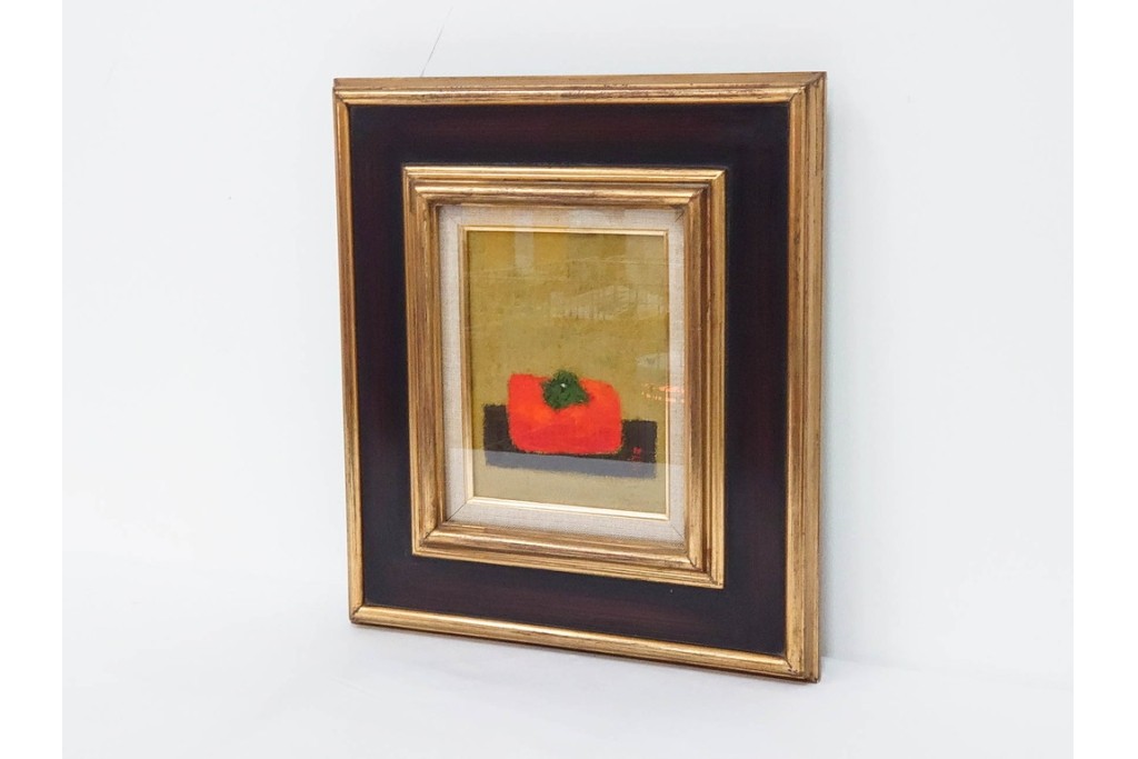 真作　小口卓也作　油彩　F0号　「かき」　鮮やかな朱色が印象的な絵画　(R-087202)