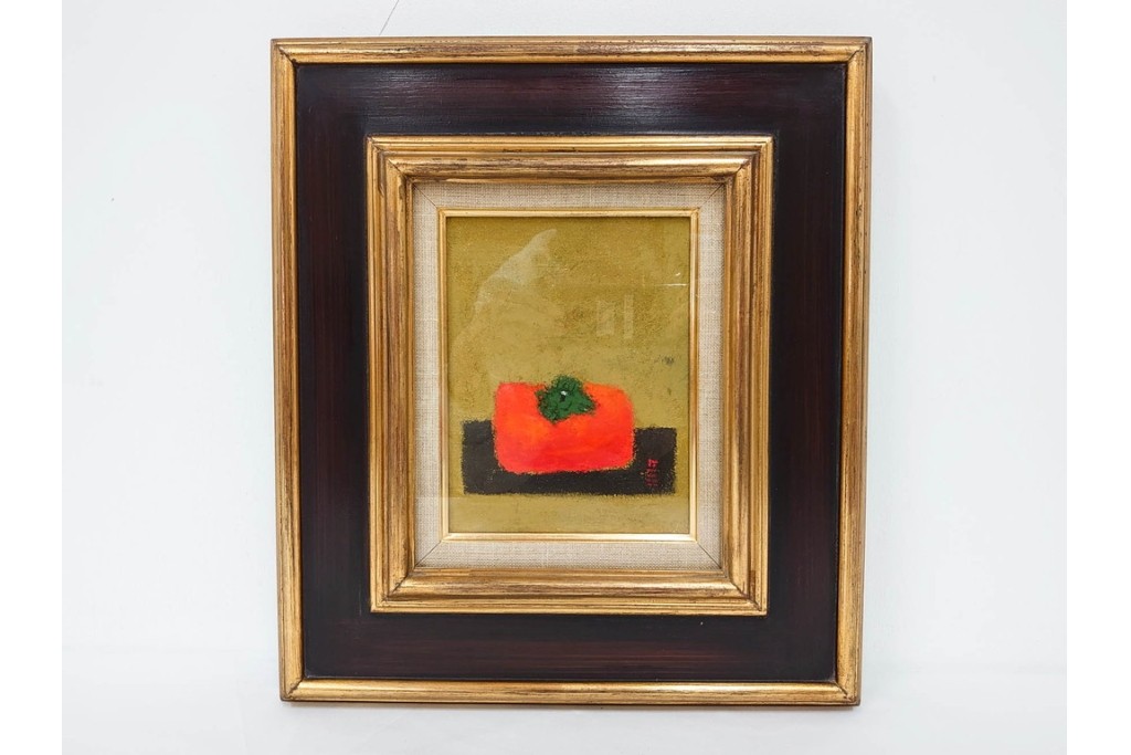 真作　小口卓也作　油彩　F0号　「かき」　鮮やかな朱色が印象的な絵画　(R-087202)