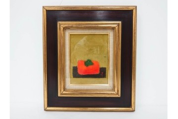 真作　小口卓也作　油彩　F0号　「かき」　鮮やかな朱色が印象的な絵画　(R-087202)