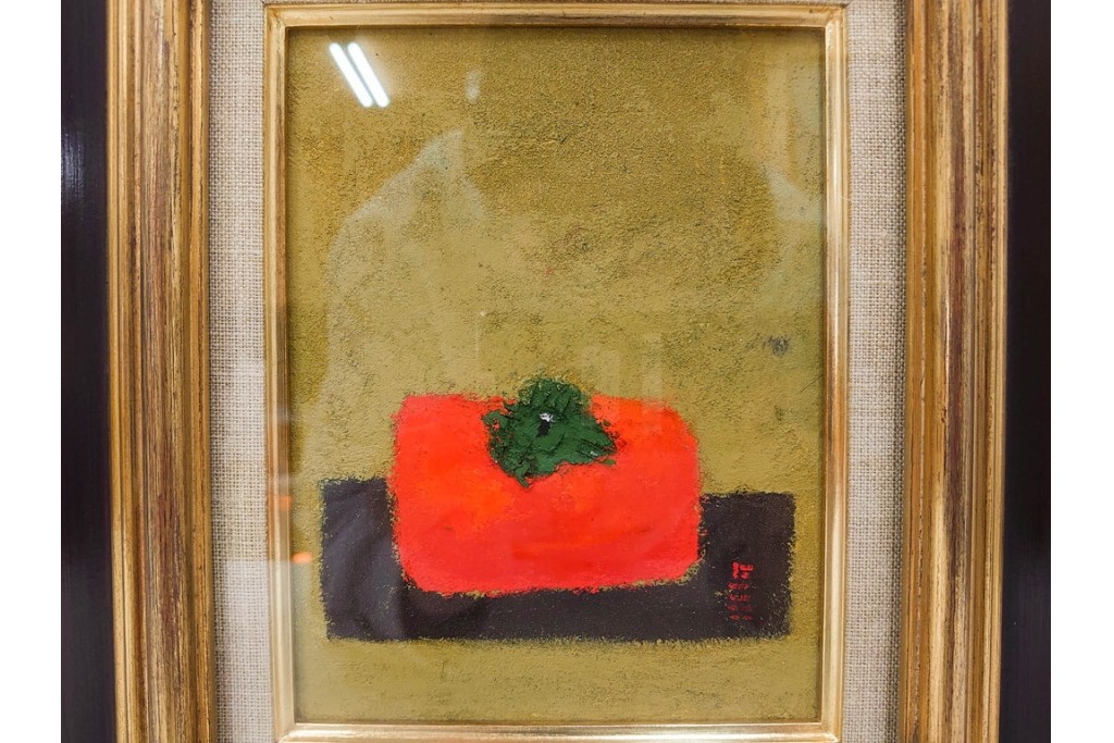 真作　小口卓也作　油彩　F0号　「かき」　鮮やかな朱色が印象的な絵画　(R-087202)