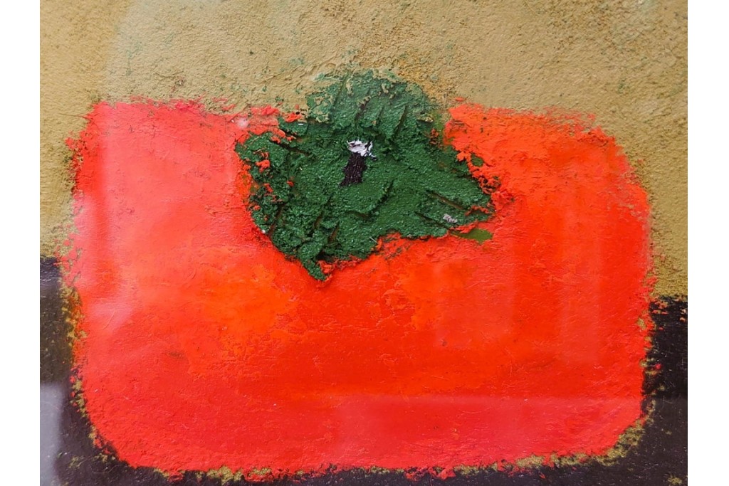 真作　小口卓也作　油彩　F0号　「かき」　鮮やかな朱色が印象的な絵画　(R-087202)