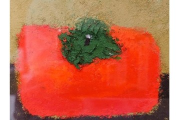 真作　小口卓也作　油彩　F0号　「かき」　鮮やかな朱色が印象的な絵画　(R-087202)