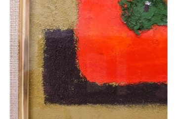 真作　小口卓也作　油彩　F0号　「かき」　鮮やかな朱色が印象的な絵画　(R-087202)