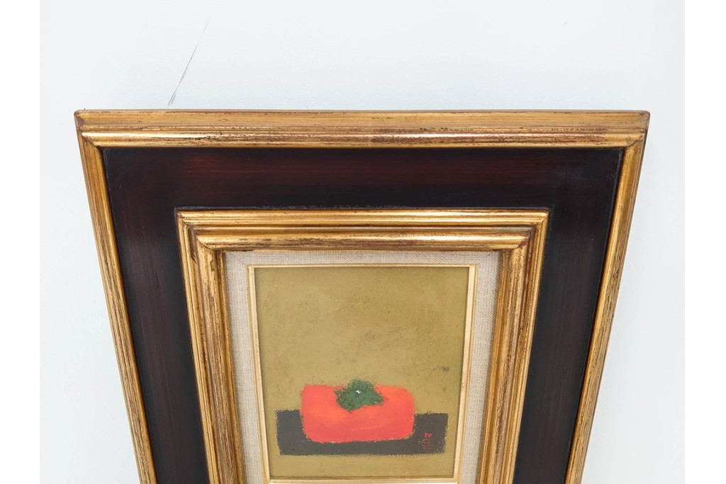 真作　小口卓也作　油彩　F0号　「かき」　鮮やかな朱色が印象的な絵画　(R-087202)