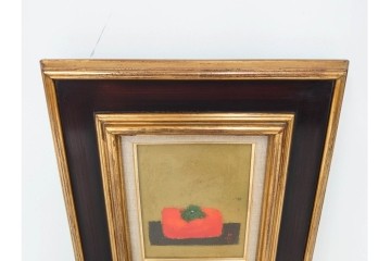 真作　小口卓也作　油彩　F0号　「かき」　鮮やかな朱色が印象的な絵画　(R-087202)