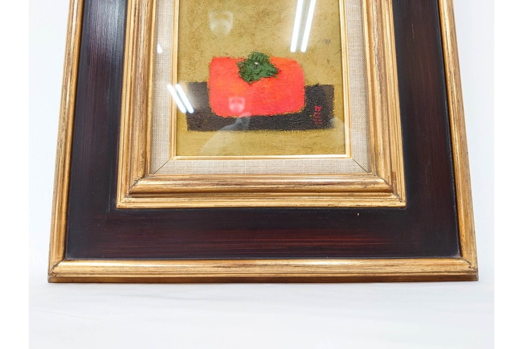 真作　小口卓也作　油彩　F0号　「かき」　鮮やかな朱色が印象的な絵画　(R-087202)