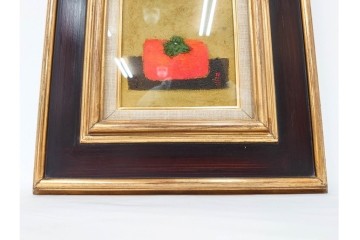 真作　小口卓也作　油彩　F0号　「かき」　鮮やかな朱色が印象的な絵画　(R-087202)