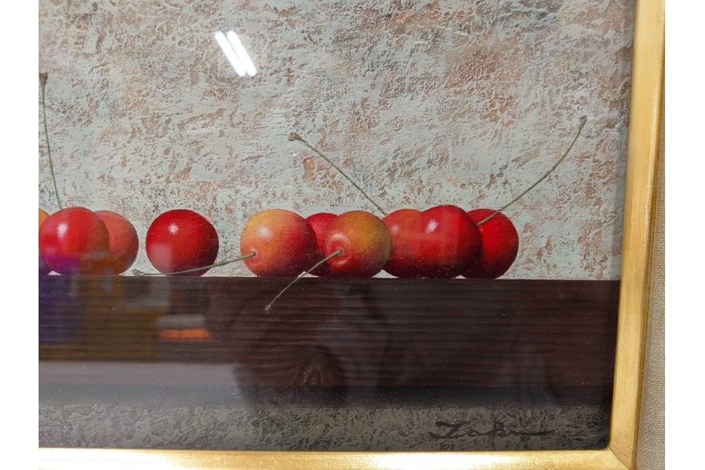 真作　滝沢直次作　油彩　SMサイズ　「さくらんぼ」　みずみずしい質感が印象的な絵画　(R-087203)