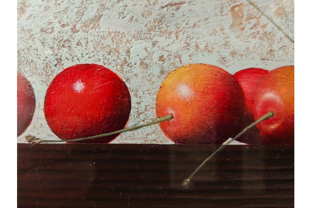 真作　滝沢直次作　油彩　SMサイズ　「さくらんぼ」　みずみずしい質感が印象的な絵画　(R-087203)