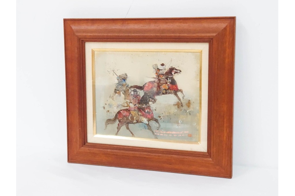 真作　田屋幸男作　油彩　F3号　「人と馬」　疾走する騎馬武者を描いた絵画　(R-087204)