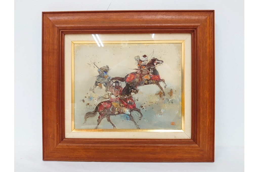 真作　田屋幸男作　油彩　F3号　「人と馬」　疾走する騎馬武者を描いた絵画　(R-087204)